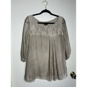 Amanti Silk Crochet Lace Trim Blouse Grey Taupe Boho Romantic Top Small